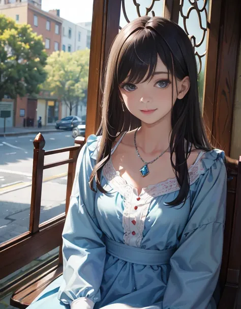 (higher resolution, distinct_image) The best quality, a woman, masterpiece, highly detailed, semi realistic, 26 years old, beautiful, young, handsome, interlaced white blue dress, small gem necklace on neck, exterior, cafe seat, window, sitting, afternoon,...