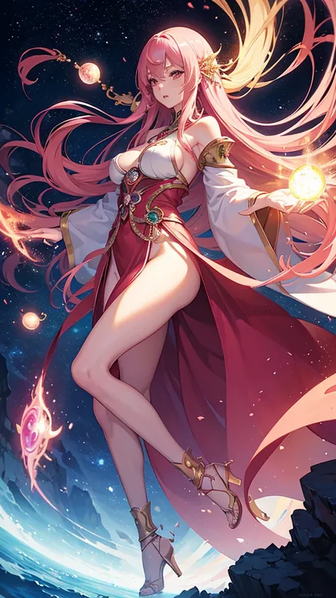 (realistic,photorealistic:1.37),anime style,thin anime girl,medium-sized breasts,big butt,long pink hair,red eyes,fantasy world mage,vibrant colors,magical lighting,detailed character design,flowing robes,floating magical orbs,powerful spell,whimsical ench...