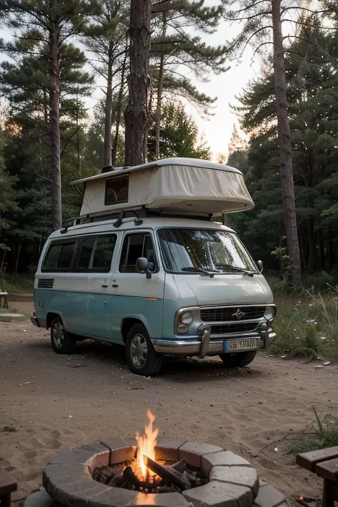 ((best quality)), ((masterpiece)), (detailed) small campervan near beach, sunset, sea, beach and forest, trees, grill next to van, fireplace, grill with fire