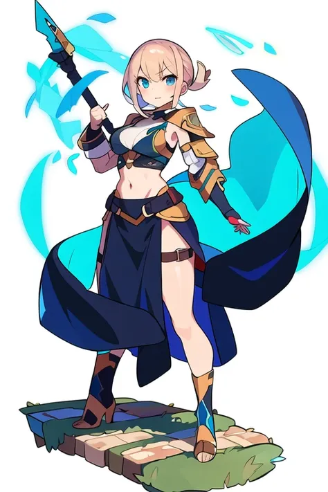 stand posture, cute eyes, 1girl, solo, high fantasy cloth, ((white background)), full body, holding weapon, crop top, 
