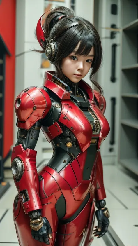 a woman in a red and black suit with a gun, girl in mecha cyber armor, female mecha, by russell dongjun lu, [ trending on cgsoci...