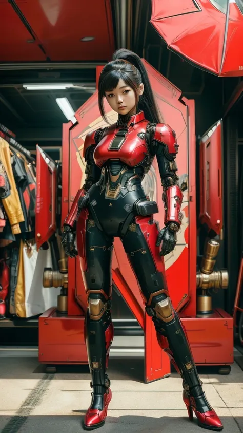 a woman in a red and black suit with a gun, girl in mecha cyber armor, female mecha, by russell dongjun lu, [ trending on cgsoci...