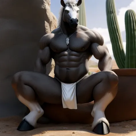 Furry, Antro, de Pie, [Horse color Gris Plateado Brillante metal] , [Fundoshi Bulto Male Big], [Fundoshi Blanco], Solo, [Bulto Male Big], Hooves , Big Balls, Detallado 4k, cuerpo completo, cuerpo furry silver dark, Desierto con Cactus , Eyes Pupil Marron, ...