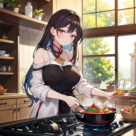 Tang Wutong, grande, wearing off-the-shoulder sweater and cotton shorts, home kitchen。,(best quality,4k,8k,highres,masterpiece:1.2),ultra-detailed,(realistic,photorealistic,photo-realistic:1.37),kitchen scene, natural lighting, vibrant colors, detailed bac...