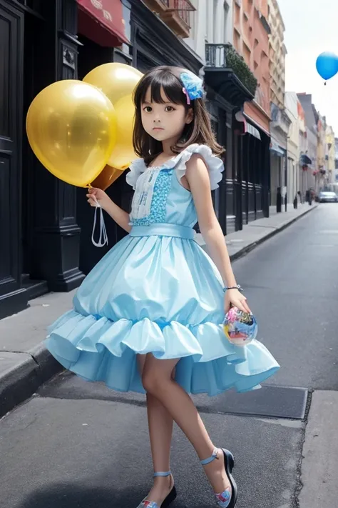 ((holding a ballon)), (((full body))), real photo, 11 years old girl, brat female , ((looking back at me)), dress shoes,