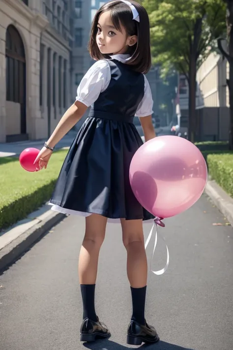 ((holding a ballon)), (((full body))), real photo, 11 years old girl, Brat female , ((looking back at me)), dress shoes,