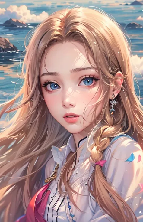 ((highest quality)), ((masterpiece)), (Get used to it), masterpiece、highest quality、High resolution、High-quality images、8k, 1 female、Skin Radiance、Texture of skin and clothing、Expression of fine eyes、Shiny light light brown hair,Girl with long braided hair...