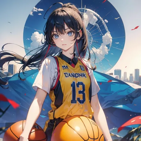 1 girl standing, Wearing a basketball jersey, Very detailed, real, holding ball, 27 years, long hair