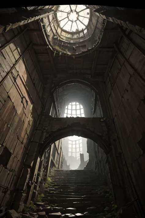 inside of an old delapidated tower, ((darkness)), looking up, pov