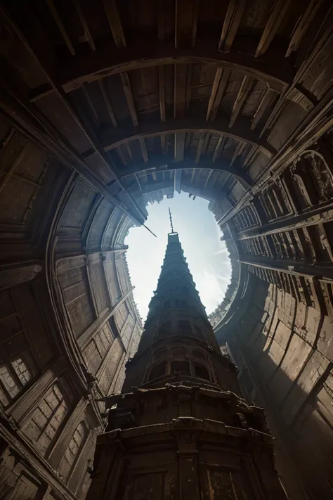 inside of an old delapidated tower, ((darkness)), looking up, POV