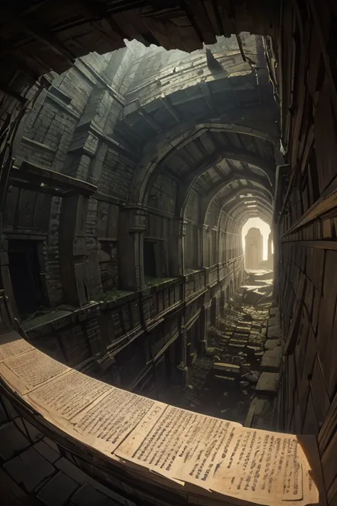 inside of an old delapidated tower, ((darkness)), looking up, POV, ancient parchments and scrolls