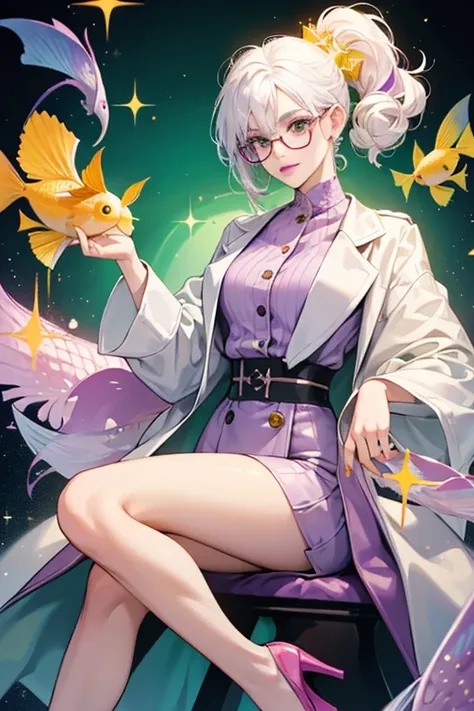 She is a light wrinkly purple fish with white hair that contains yellow hair curlers and nails. She has black eyes, wears glasses, has an orange shirt, a light green wool coat and green high heels. She wears pink lipstick. SPARKLE; GLITTER