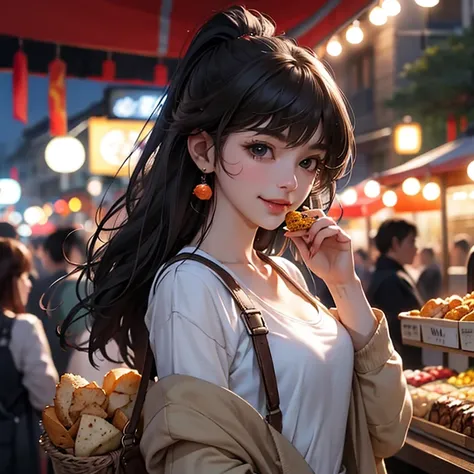 Lively night market. The woman is wearing casual clothes, Carry snacks, Her face is full of joy and contentment.