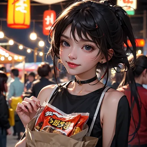 Lively night market. The woman is wearing casual clothes, Carry snacks, Her face is full of joy and contentment.