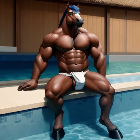 Furry, Antro, [Horse color Marron Oscuro metal] , [Fundoshi Bulto Male Big], [Fundoshi Blanco], Solo, [Bulto Male Big], Hooves , Big Balls, Detallado 4k, cuerpo completo, cuerpo furry Marron dark, fondo Piscina, pupil Eyes blue, Alta resolucion, 