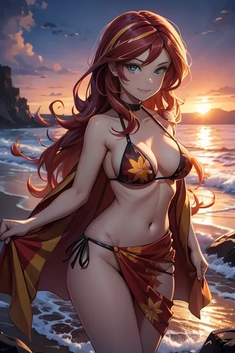 sunset shimmer, 1girl solo, bikini, sarong, hair flower, beach at night background, ambient lighting, dark scary fog, ghostly, smug smile, ghostly smoke