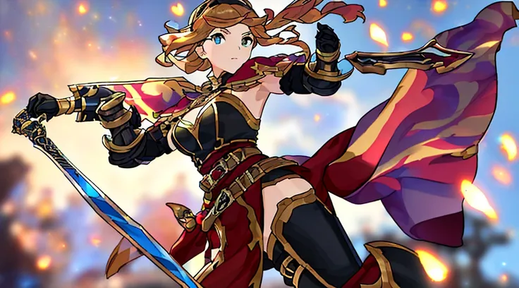 (((8k,Best Quality)), Masterpiece, outdoor, girl, holding sword, dynamic pose, gauntlet,  feet out of frame, looking at viewer, female, variety of hair styles, variety of hair colors, (cropped shoulders), ((highleg leotard)), solo, ((gauntlets)), ((greaves...