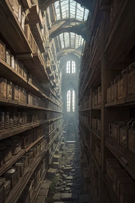 inside of an old delapidated tower, ((darkness)), looking up, pov, shelves full of ancient parchments and scrolls