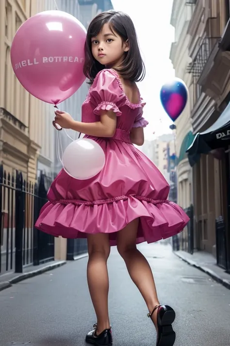 ((holding a ballon)), (((full body))), real photo, 11 years old girl, Brat female , ((looking back at me)), dress shoes,