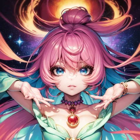 Close-up of a woman with Colorful hair and necklace, Anime girl with cosmic hair, Soft Rossdraws vitality, Goofies style artwork, Fantasy art style, Colorful], Vibrant fantasy style, Rossdraws animation is full of energy, cosmic and Colorful, Strong, Color...