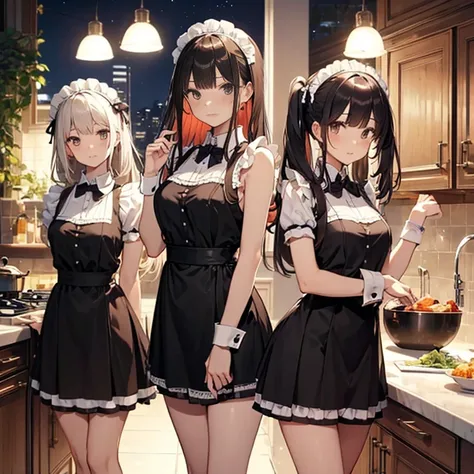 A group of maids, (in kitchen), various hair styles, harem, wearing maid uniform, night, details face, , short skirt, seducing, sleeveless , night, starry night 