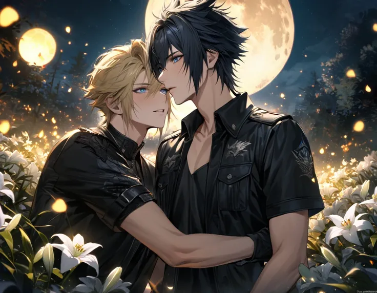 absurdres, highres, ultra detailed, HDR, master piece, best quality, Noctis Lucis Caelum, black hair, expressive blue eyes, Final Fantasy XV, Prompto Argentum, blond hair, expressive blue eyes, 2men together, gay couple, handsome, petals, white lilies, moo...