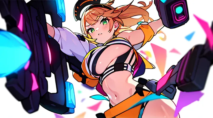 colorful , masterpiece, best quality, 1girl, weapon, solo, holding weapon, ((blurry background)), bare shoulders, variety of color clothes, variety of hairstyles, bra top, lowleg panties,
orange, green, violet, brown, white,  white background,