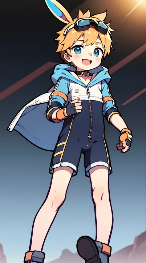 Shota，One-piece mountaineering suit，Slender figure，Goggles，fingerless gloves，stood up，Rabbit ears，Sailor collar，happy，Pull down the zipper，hood