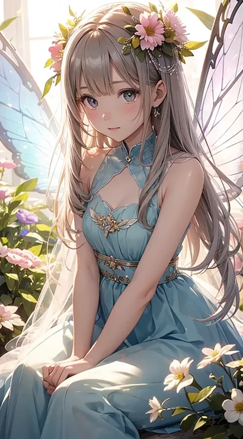 Flower Fairy、Flowers々Surrounded by、About the size of flowers、About the size of butterflies、Beautiful girl with transparent shiny beautiful wings on her back、離陸時にShine鱗が飛ぶ、sitting on flowers、Highly detailed background，Realistic，Ultra-detailed，Highly detaile...