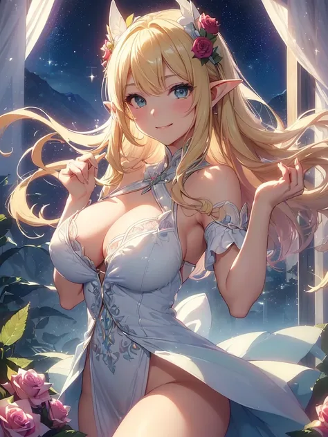 最high quality、Best image quality、masterpiece、Beautiful Face、、Titania、intense dance、Dynamic Movement、both hands、stretching both legs、ballet、Super beautiful elf girl((22 year old office lady big bust、Bust 90,Beautiful long ironed hair、blonde、height: 165cm。th...