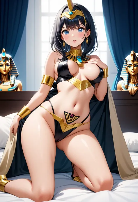 SSSS.Gridman，Takarata Rikka，8K,bestquality,bestmasterpiece,kneeling,female Pharaoh，very pretty and charming，low-cut，Navel exposed suit，Chest revealing clothing，A haughty expression，Eye of Horus，crotch tattoo，Kneeling on the bed，crotch tattoo，crotch tattoo，...