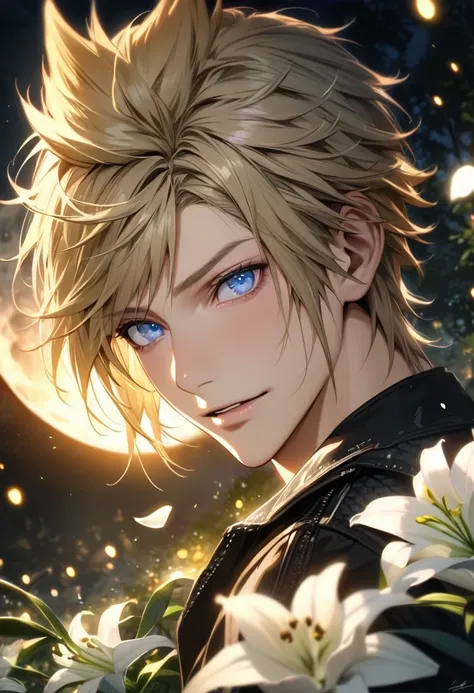 absurdres, highres, ultra detailed, HDR, master piece, best quality, Prompto Argentum, blond hair, expressive blue eyes, Final Fantasy XV, 1man, handsome, petals, white lilies, moon, fireflies, extremely detailed face and eyes