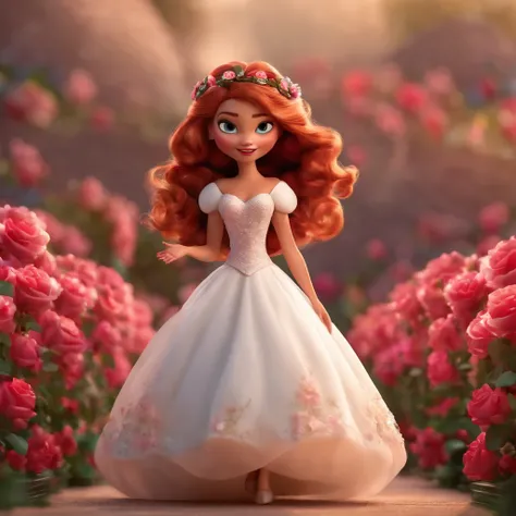 Uma linda modelo estilo pixar 3D d Disney com cabelos cacheados vestido branco com rosas 3D 