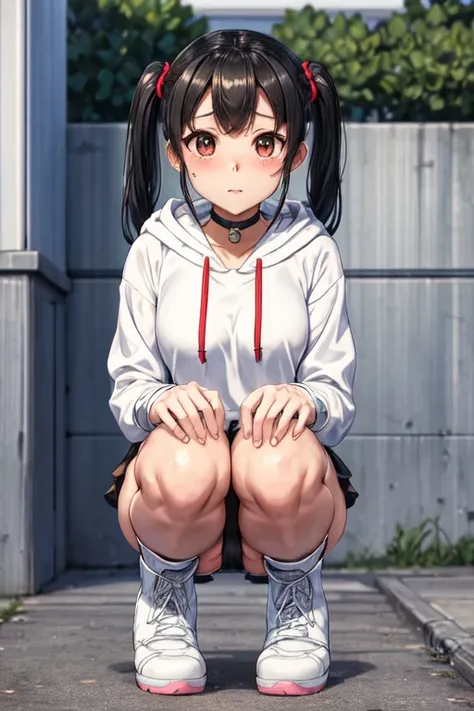 masterpiece, highest quality, High resolution, insurance, Twin tails, minamoto shizuka ,black choker, White hoodie, Lower the hood, Bottomless, squat, squat pose、Knees come apart、Release your knees、Panties、Outdoor, street, boots