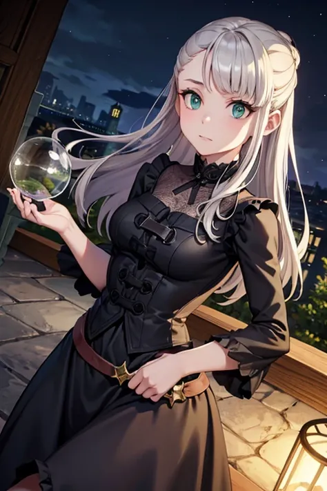 A young silver haired female witch with green eyes and an hourglass figure in a conservative Victorian dress is holding  a skull at night