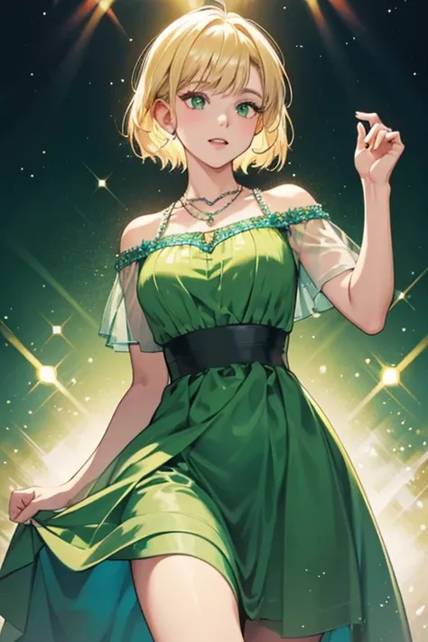 She is  short blonde hair and two big buck teeth. She wears a green dress, a blue necklace, and a pair of black s. SPARKLE; GLITTER