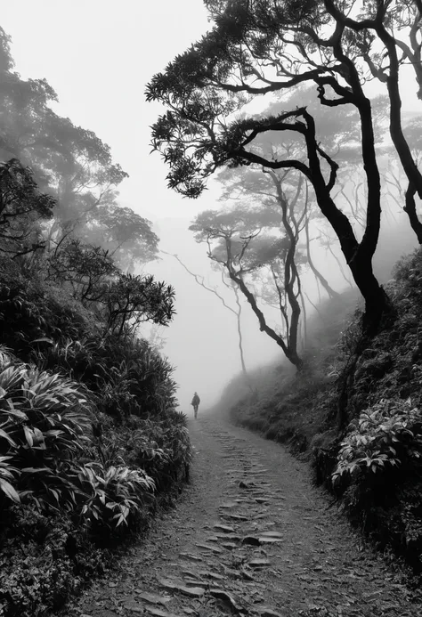 ((Uma pasagem em preto e branco)) sobre , ((dois morros um do lado do outro)), full of trees and with fog halfway up the hill, between the hills a path with mist and full of trees.