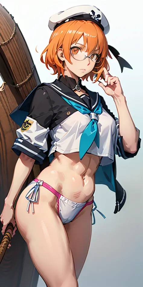 Big . Glasses. Orange eyes. Orange hair. Sailors uniform. Magical girl. Weapon is an axe. Anime Girl. short hair. sailors cap. anime style eyes. anime key visual. perfect pupil. solo.