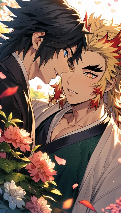 Ultra detailed, highres, absurdres, HDR, Rengoku Kyojuro, blond hair, golden eyes, Tomioka Giyuu, black hair, blue eyes, Kimetsu No Yaiba, pink and green leaves, flowers and petals, summer, 2 men together, gay couple, handsome, butterflies