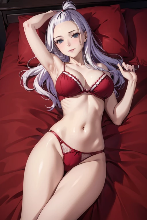 (best quality,4k,8k,highres,masterpiece:1.2),ultra-detailed,realistic,photorealistic:1.37, Mirajane Strauss, with a beautiful smile, wearing sexy red lingerie lying on the bed 