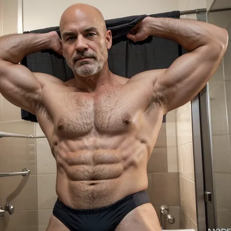 A midle age man, almost muscular, very masculin, almost bald, with medium gray beard, 10,4 feet tall, using speedo