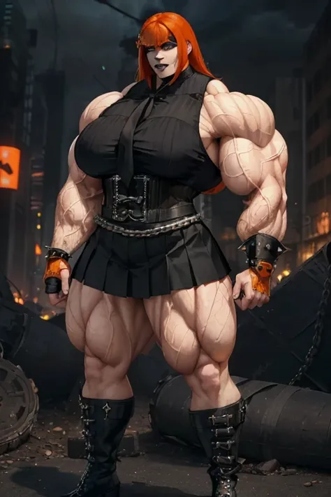 (((((Massive, tall, beautiful, buff, pale white skinned muscular woman with orange hair, black lipstick, ginormous bulky muscles, wearing a black gothic blouse with pleated skirt and tie))))), close view, (black lipstick), massive muscle, massive biceps, h...