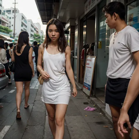 Super cute girl leaving the club in the morning, hung over, way too small dress, torn hose, morning hair. Early dawn on the streets of Bangkok