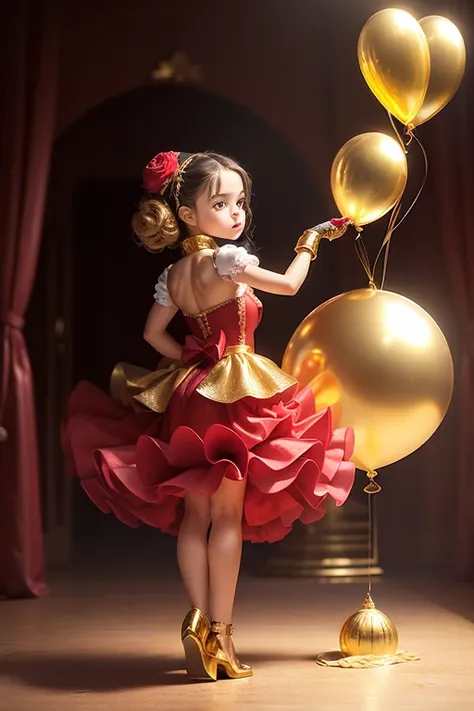 ((holding a gold ballon)), (((full body))), real photo, 9 years old girl, brat female , ((looking back at me)), long glove, red ...