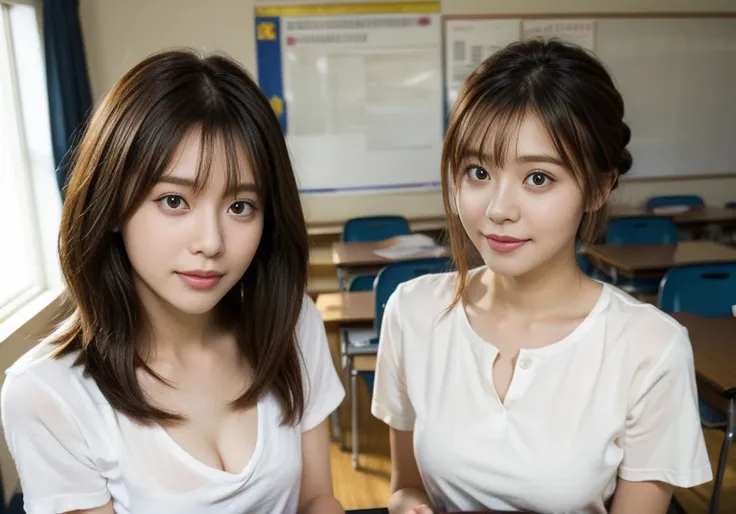 (highest quality、4K、High resolution、masterpiece: 1.2)、Super detailed、(Real、Photorealistic、Photorealistic: 1.37)、Classroom lighting、Bright colors、Bokeh)、traditional painting style、Subtle tones、Soft lighting)、 Shoulder-length bob with bangs、Wavy hairstyle）、S...