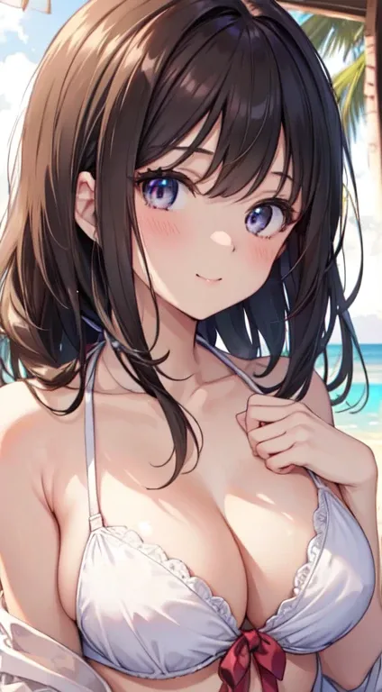 a 23yo girl, (kawaii,cute:1.1),(detailed beautiful face:1.3),(detailed beautiful brown eyes),big tits, cleavage,Beautiful lighting,face light、(Close-up light on chest:1.3)、(summer Beach :1.2)、(random bikini:1.3),cute face、young face、small nose、(with sparkl...