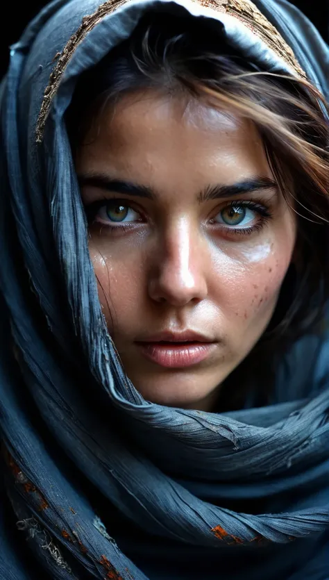 A woman in a post-apocalyptic world with striking (with otherworldly detail and luminosity), captivating, vibrant eyes, only her eyes and part of her nose are visible through the gap in the cloth that covers her face.The image is richly detailed, setting o...