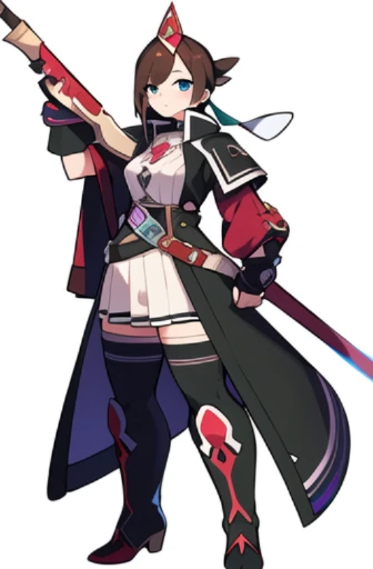 stand posture, cute eyes, adult woman,, solo, high fantasy outfits, ((white background)), full body, holding weapon,
