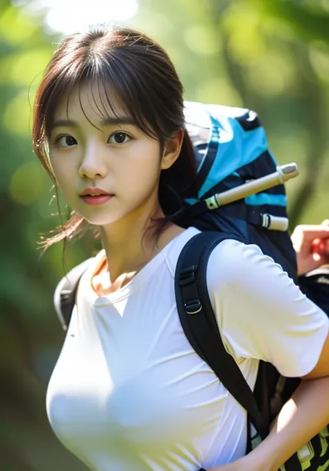 Close-up of trail running, running posture,full-body shot,big ，Showing breast line，wearing white clothes，Use two trekking poles，Backpack with water bag，The whole body is soaked loomingly，It&#39;s raining heavily，Sunlight penetrating the forest，stream，Korea...