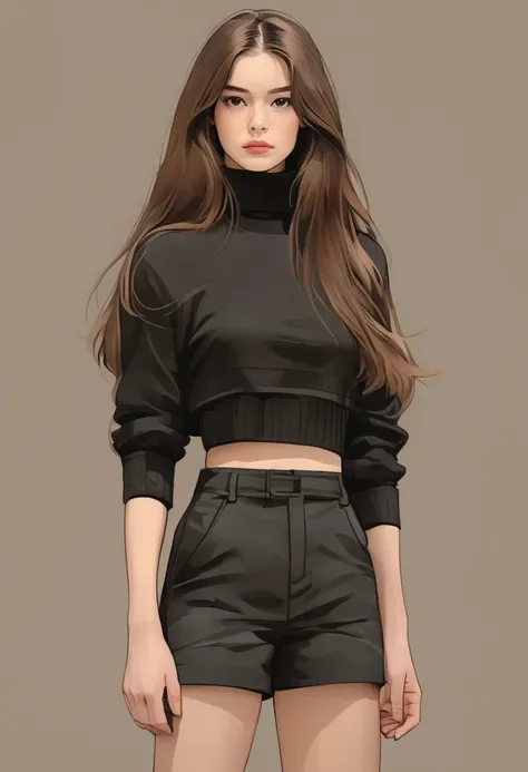 Girl, long brown hair, arms crossed, black cropped turtleneck,black shorts, barefoot, standing, serious face full body